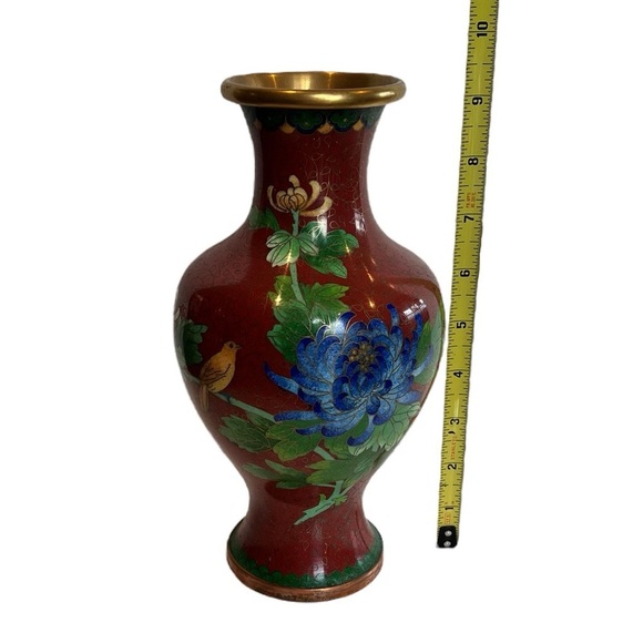 Vintage Chinese Cloisonne Enamel Floral & Bird Vase 9" - Picture 8 of 9